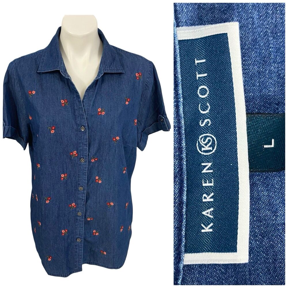 Karen Scott Shirt Womens Large Short Sleeve Top Embroidered Floral Chambray Vtg - Picture 5 of 16